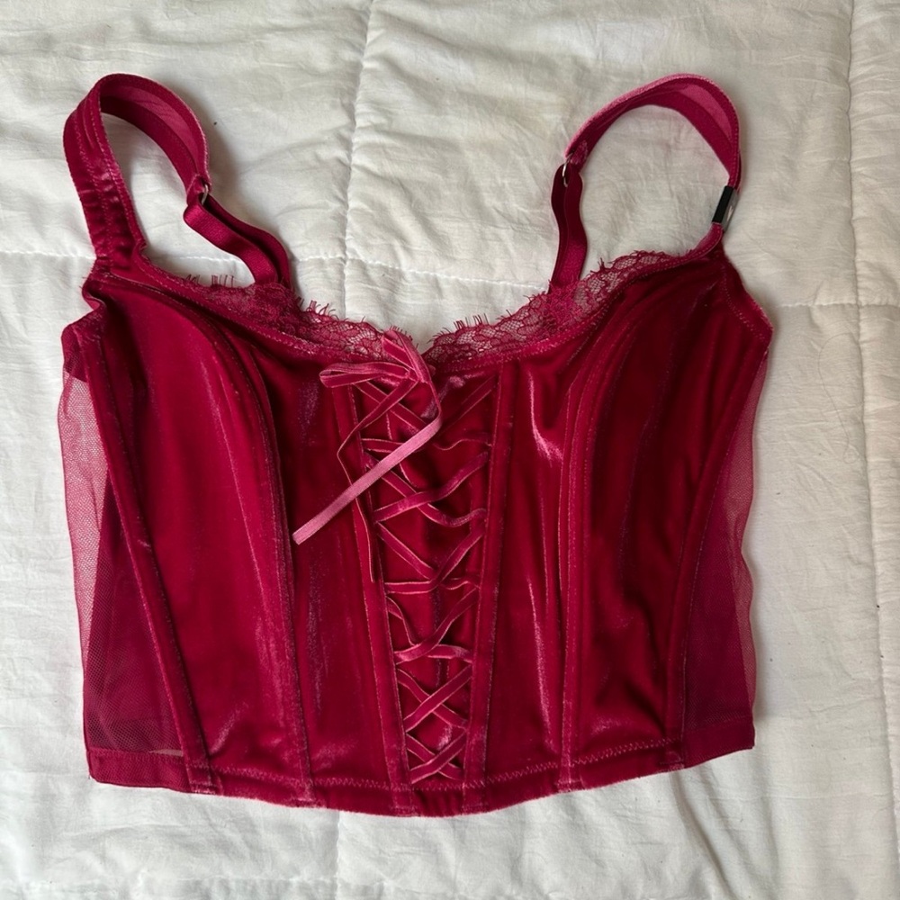 Victorias Secret Dream Angels Pink Velvet lace up Corset bustier bra Top NWT